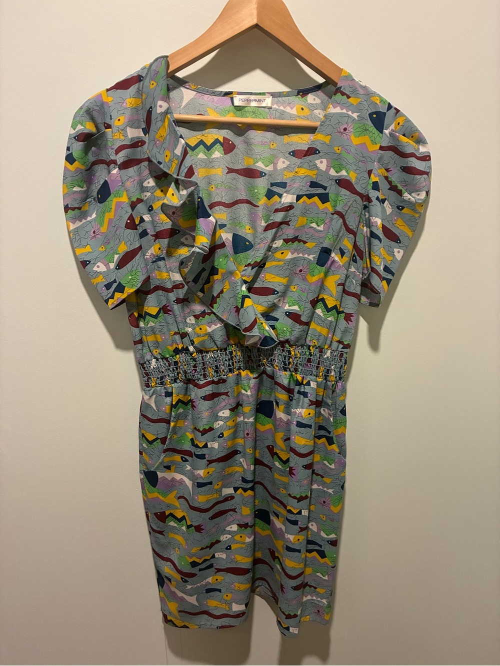 PEPPERMINT Multicolor Fish-Print Mini Dress Pockets Size Medium